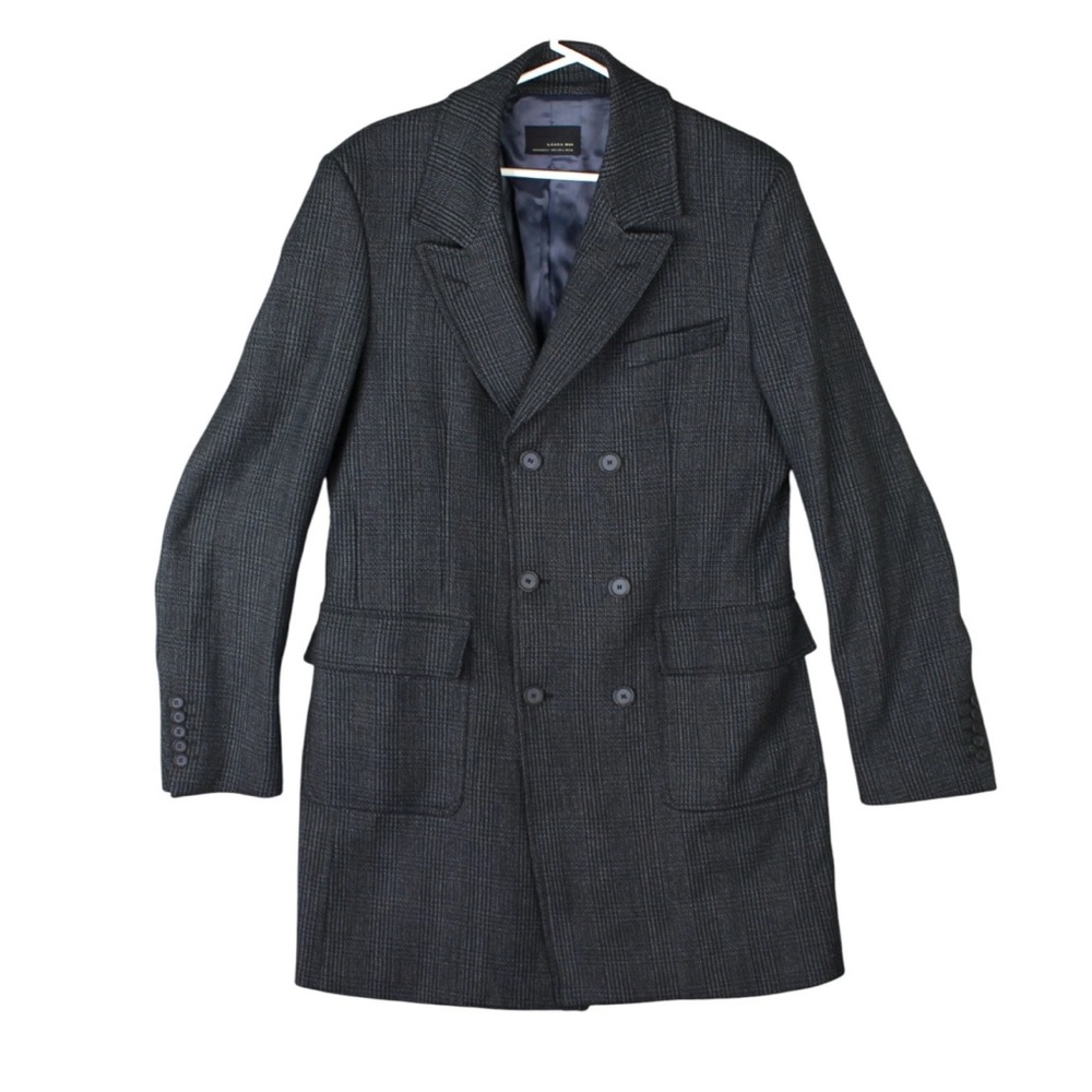 Black Tag By Zara Man Wool Blend Overcoat Mens Size Large Navy Plaid Preppy EUC